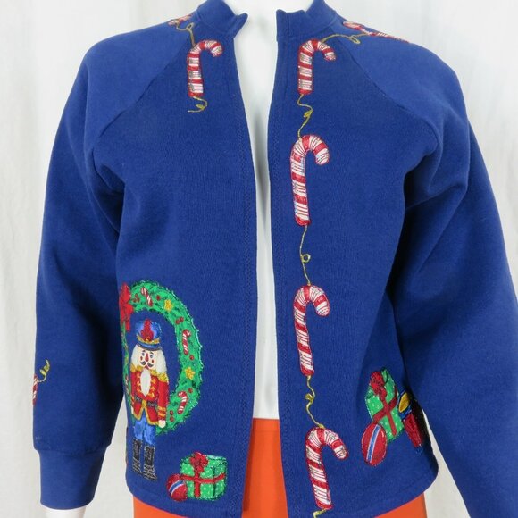 Vintage Fruit Of The Loom Christmas Sweater Blue Nutcracker Candy Cane Gifts M - Picture 13 of 16